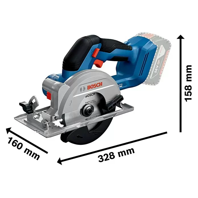 Bosch Professional AMPShare 18V Akku-Handkreissäge GKS 18V-51 - 18 V, Ohne Akku, 5.800 U/min - 6.300 U/min - Blau-silberne Bosch Akku-Kreissäge mit den Maßen 328x160x158 mm.
