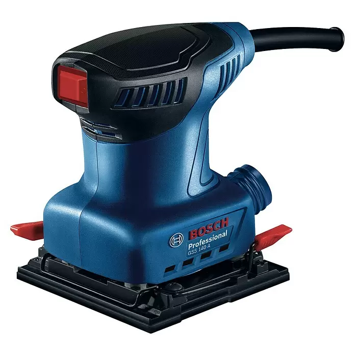 Bosch Professional Elektro-Schwingschleifer GSS 140 A - Leerlaufschwingzahl: 28.000 U/min, Durchmesser Schwingkreis: 1,5 mm - Blauer und schwarzer Bosch GSS 140 A Schwingschleifer mit rechteckiger Platte, roten Klemmen und rotem Schalter.