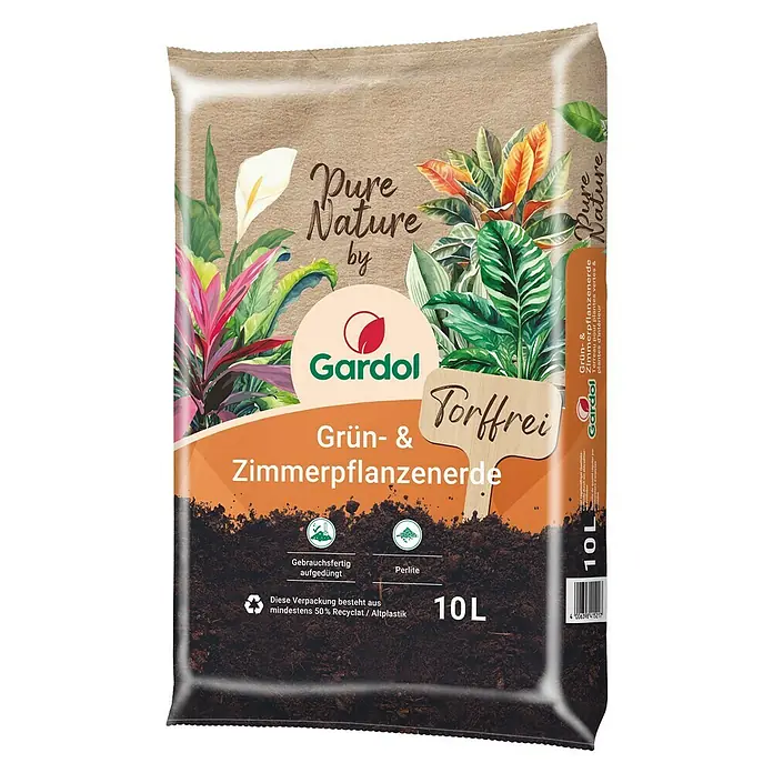 Gardol Zimmerpflanzenerde - 10 l - Abbildung einer 10L-Packung Gardol Grün- & Zimmerpflanzenerde Torffrei, ideal für Zimmerpflanzen, gebrauchsfertig aufgedüngt mit Perlite.