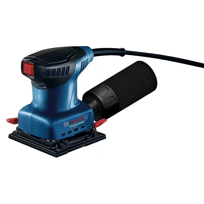 Bosch Professional Elektro-Schwingschleifer GSS 140 A - Leerlaufschwingzahl: 28.000 U/min, Durchmesser Schwingkreis: 1,5 mm - Blauer Bosch Professional Schwingschleifer mit schwarzem Staubbehälter und Netzkabel.