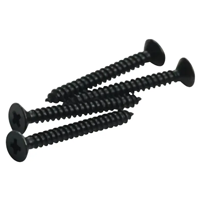 Walteco Universalschraube - Ø x L: 3,5 x 16 mm, Vollgewinde, 16 Stk. - Nahaufnahme von vier schwarzen Schrauben mit Kreuzschlitzkopf, die diagonal auf einer schwarzen Oberfläche liegen.