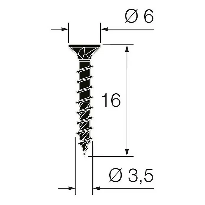 Walteco Universalschraube - Ø x L: 3,5 x 16 mm, Vollgewinde, 16 Stk. - Technische Zeichnung einer Holzschraube mit den Maßen Ø6 und 16 Länge.