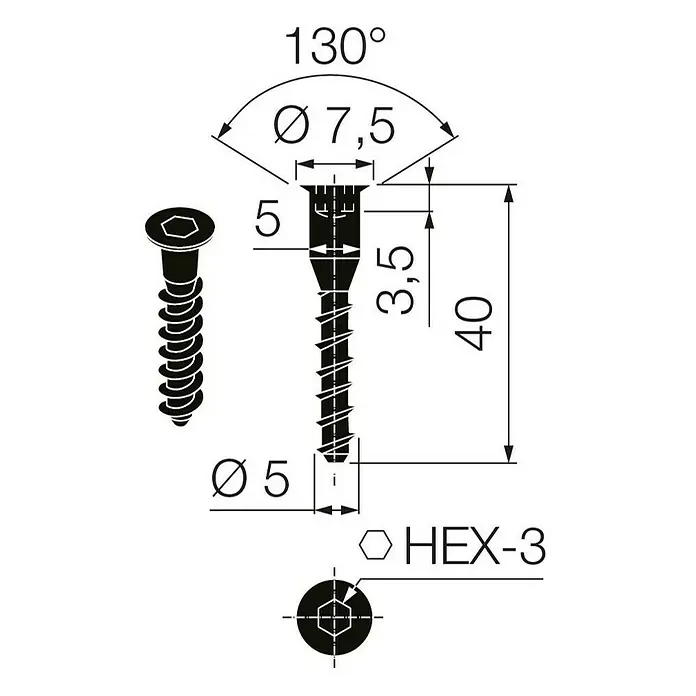 Walteco Verbindungsschraube - Ø x L: 7 x 50 mm - Technische Zeichnung einer Holzschraube mit Senkkopf und Innensechsrund, Maße und Winkelangaben sind in der Zeichnung enthalten.