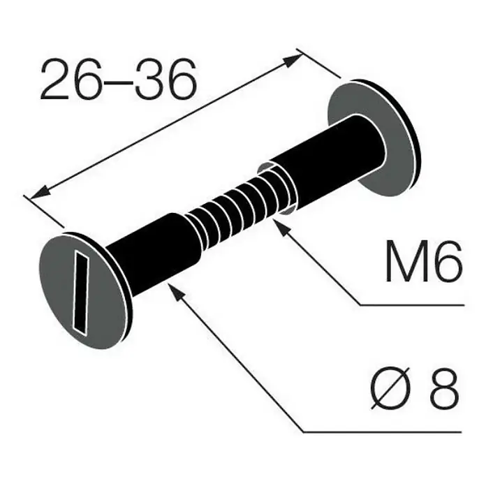 Walteco Verbindungsschraube - Ø x L: 6 x 36 mm - Technische Zeichnung einer M6 Schraube mit einem Durchmesser von 8 mm und einer Länge zwischen 26 und 36 mm.