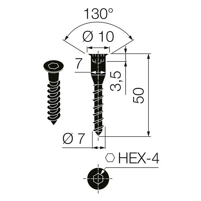 Walteco Verbindungsschraube - Ø x L: 7 x 50 mm - Technische Zeichnung einer schwarzen Holzschraube mit Senkkopf und hexagonalem Innensechsrund, inklusive Maße und Winkelangaben.