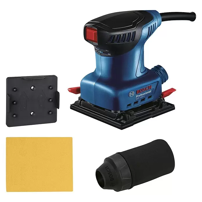 Bosch Professional Elektro-Schwingschleifer GSS 140 A - Leerlaufschwingzahl: 28.000 U/min, Durchmesser Schwingkreis: 1,5 mm - Blauer und schwarzer Bosch Schwingschleifer mit Zubehör: schwarze Halteplatte, gelbes Schleifpapier und schwarzer Staubfilter.