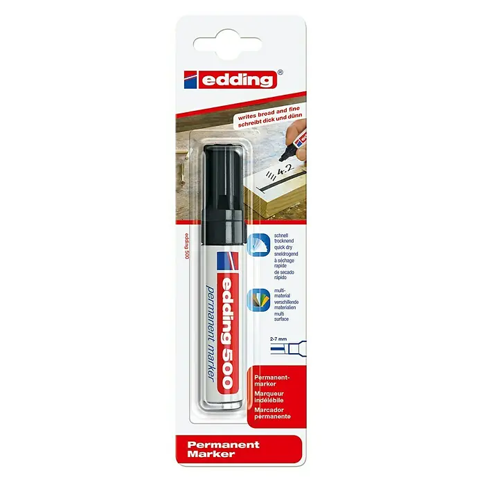 Edding Permanentmarker 500 - Strichstärke: 2 mm - 7 mm, Schwarz - Packung Edding 500 Permanentmarker, ideal zum Schreiben auf verschiedenen Oberflächen, mit schnell trocknender Tinte und variabler Strichstärke.