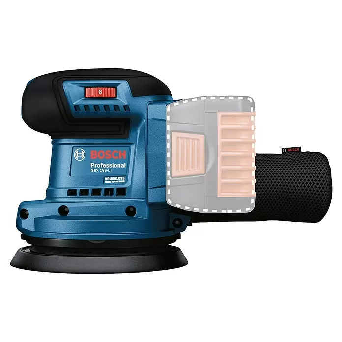 Bosch Professional AMPShare 18V Akku-Exzenterschleifer GEX 185-LI - 18 V, Ohne Akku, Durchmesser Schleifteller: 125 mm - Blauer und schwarzer Bosch Professional Akku-Exzenterschleifer mit bürstenlosem Motor und Staubbeutel.