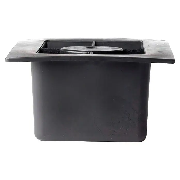 Rei Pata para muebles Ergo - L x An x Al: 5,5 x 8 x 4 cm, Capacidad de carga: 50 kg, Plástico - Primer plano de una caja de suelo de plástico cuadrada negra con espuma negra y una tapa redonda en el centro.