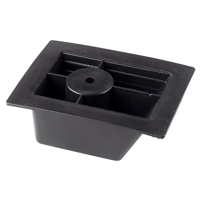 Rei Pata para muebles Ergo - L x An x Al: 5,5 x 8 x 4 cm, Capacidad de carga: 50 kg, Plástico - Primer plano detallado de un inserto de deslizamiento de muebles cuadrado negro con nervio de centrado y orificio para facilitar el montaje.