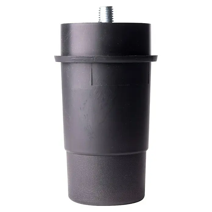 Rei Pata para muebles - Ø x Al: 5 x 7,5 cm, Capacidad de carga: 50 kg, Plástico - Primer plano de un pie de equipo cilíndrico negro con una conexión metálica roscada en la parte superior, ideal para muebles o maquinaria.