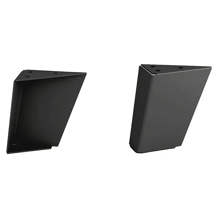 Rei Pata para muebles Trine - L x An x Al: 9 x 3,5 x 10 cm, Capacidad de carga: 100 kg, Acero, Negro - Primer plano de dos patas de mesa triangulares negras con agujeros para el montaje.