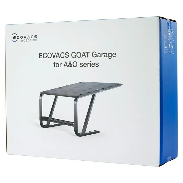 Ecovacs Goat Mähroboter-Garage - L x B x H: 802 x 542 x 428 mm, GOAT A- und O-Familie - Eine Produktverpackung für eine ECOVACS GOAT Garage für die A&O-Serie, mit einer Abbildung der Garage auf der Vorderseite.