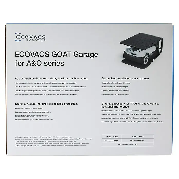 Ecovacs Goat Mähroboter-Garage - L x B x H: 802 x 542 x 428 mm, GOAT A- und O-Familie - Bild der ECOVACS GOAT Garage für die A&O Serie, die zuverlässigen Schutz und einfache Installation bietet.\n