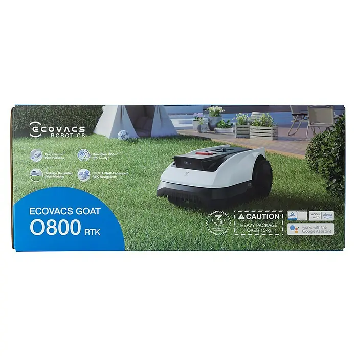 Ecovacs Goat Mähroboter O800 RTK - 800 m², Schnittbreite: 22 cm, Satellitengestützte Navigation, RTK - Das ist die Verpackung des ECOVACS GOAT O800 RTK Robotermähers, der mit intelligenter Navigation und Smart-Home-Integration ausgestattet ist.