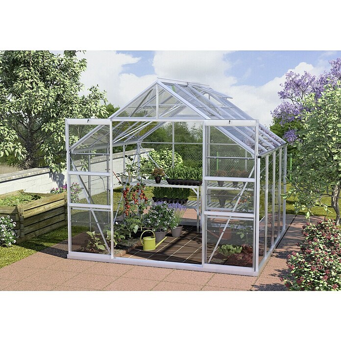 Vitavia Gewächshaus (2,58 x 2,57 x 2,3 m, Farbe: Aluminium, Einscheibensicherheitsglas (ESG), 3 mm)