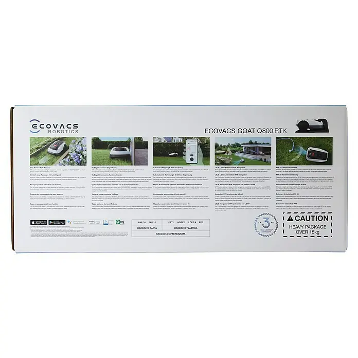 Ecovacs Goat Mähroboter O800 RTK - 800 m², Schnittbreite: 22 cm, Satellitengestützte Navigation, RTK - Verpackung des ECOVACS GOAT O800 RTK Mähroboters mit Hinweisen zu Funktionen, Recycling und Gewicht.