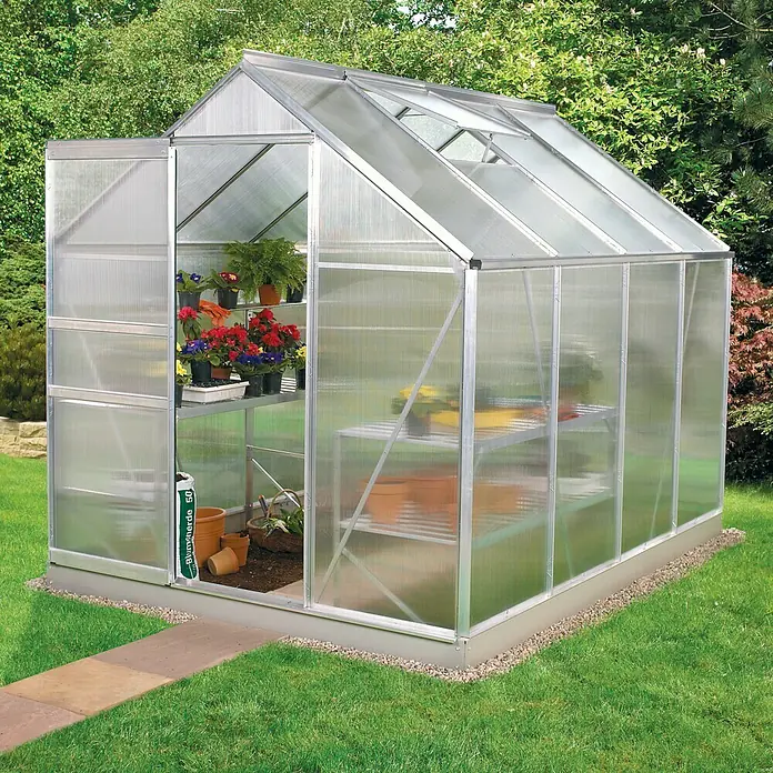 Vitavia Gewächshaus Venus 5000 Plus - Außenmaß inkl. Dachüberstand (B x T): 195 x 257 cm, 4 mm, Aluminium - Gewächshaus aus Aluminium und Kunststoff mit Pflanzen und Zubehör im Inneren für den Garten.