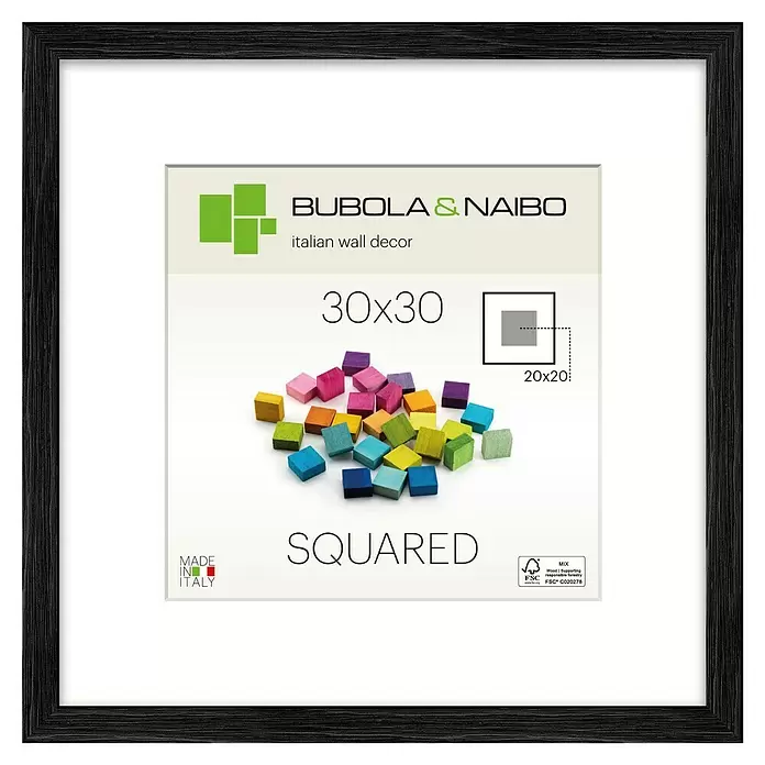 Bubola & Naibo Holzrahmen Tulipa 6340 - 30 x 30 cm, Schwarz - Schwarzer Holzbilderrahmen (30x30 cm) mit weißem Passepartout für 20x20 cm Foto, sichtbare Maserung.