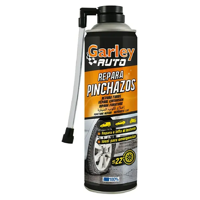 Spray antipinchazos Garley - 500 ml, Apto para: Coches - Producto de reparación de neumáticos Garley Auto para arreglos rápidos de pinchazos hasta 22", ideal para emergencias.