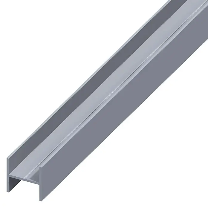 Kantoflex H-Profil - 1.000 x 7,5 x 3,25 mm, Stärke: 1 mm, Silber - Darstellung eines grauen H-Trägers, der in einer 3D-Ansicht mit klarer Perspektive und einfacher Beleuchtung präsentiert wird.