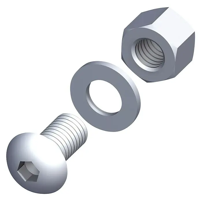Kantoflex Gewindeschrauben-Set - Ø x L: 5 x 35 mm, Vernickelt, Linsenkopf, 5 Stk. - Schraube mit Unterlegscheibe und Mutter. Die Schraube hat einen runden Kopf und ein Innensechskant.