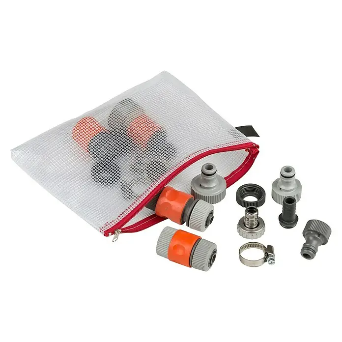 Nips Aufbewahrungstasche - 5 Stk. - Gartenschlauchverbinder-Set in einem Netzbeutel, bestehend aus verschiedenen Kupplungen, Adaptern und einer Schlauchschelle.