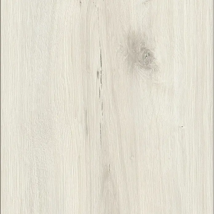 MyStyle MyArt Laminatmuster Misty Plains Oak - 200 x 195 x 12 mm, Landhausdiele - Detailaufnahme einer weißen Holzoberfläche mit feiner Maserung und einem Astloch, ideal für Texturen oder Hintergründe.