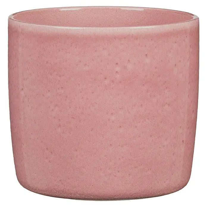 Scheurich Übertopf rund Solido - Rosea, Außenmaß (Ø x H): 17,6 x 16 cm - Nahaufnahme eines zylindrischen, rosafarbenen Keramikübertopfes mit strukturierter Oberfläche und abgerundeten Kanten.