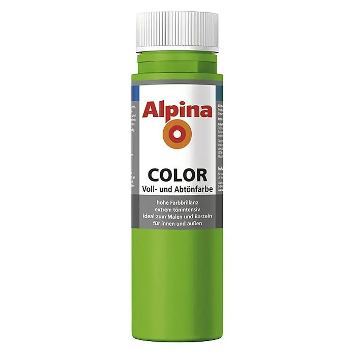Alpina Vollton- & Abtönfarbe Color - Grass Green, Matt, 250 ml, Lösemittelfrei - Ein grünes Alpina Color Voll- und Abtönfarbe Fläschchen, ideal zum Malen und Basteln für Innen- und Außenbereiche.