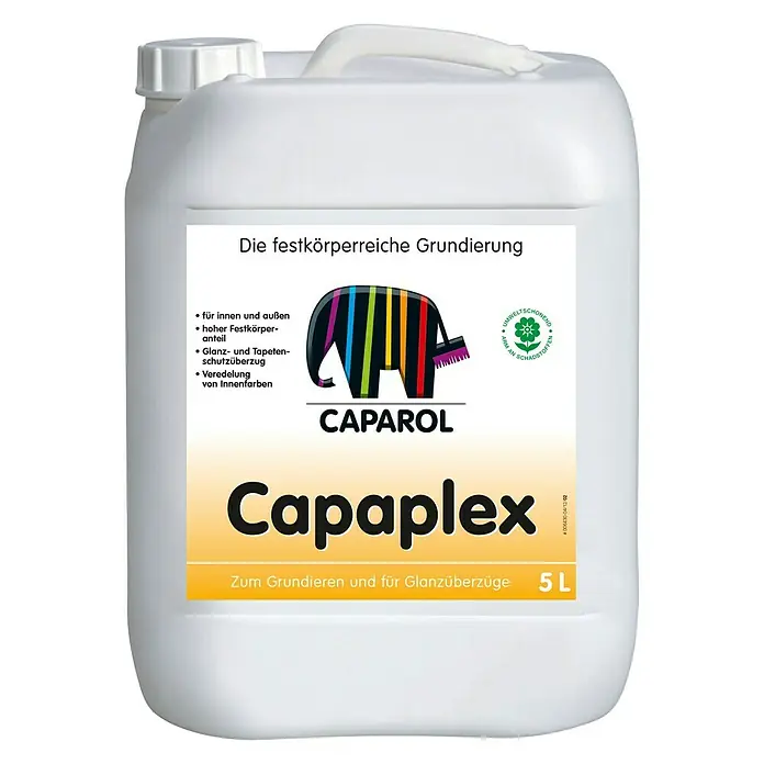 Caparol Grundierung Capaplex - 5 l, Farblos - Abbildung eines 5-Liter-Kanisters Capaplex Grundierung von Caparol, einer hochwertigen, festkörperreichen Grundierung für Innen und Außen.
