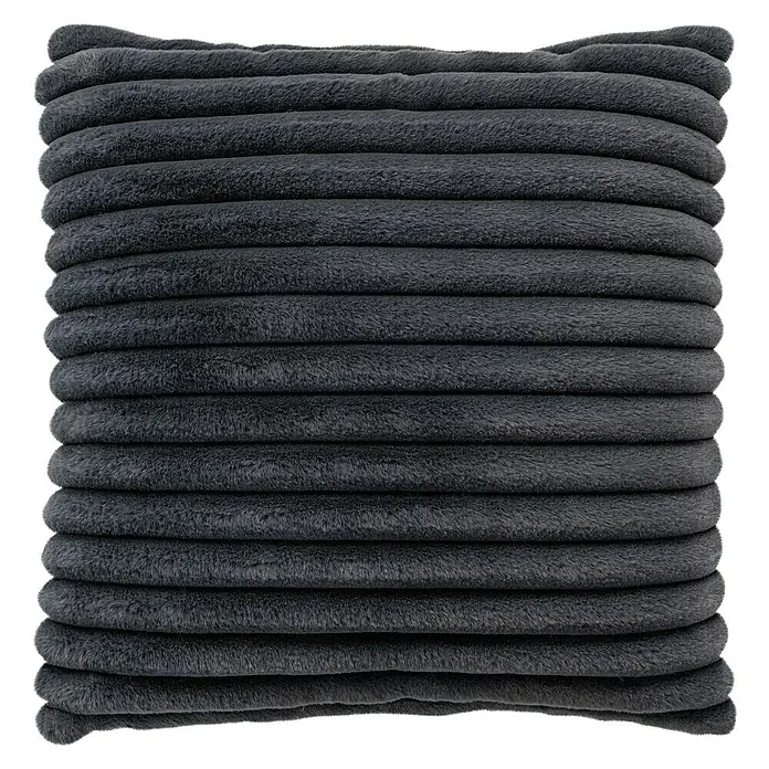 Kissen Plush - Graphite, 45 x 45 cm, 100 % Polyester - Nahaufnahme eines grauen, gerippten Cordkissens mit weicher Textur, ideal als dekoratives Element für Wohnräume.