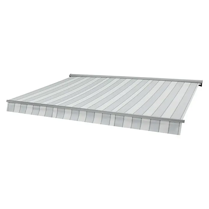 Sunfun Hülsenmarkise - Grau, Breite: 4,5 m, Ausfall: 3 m - Eine stilvolle, gestreifte Markise, perfekt für Schatten und Schutz im Außenbereich. Ideal für Terrasse oder Balkon.