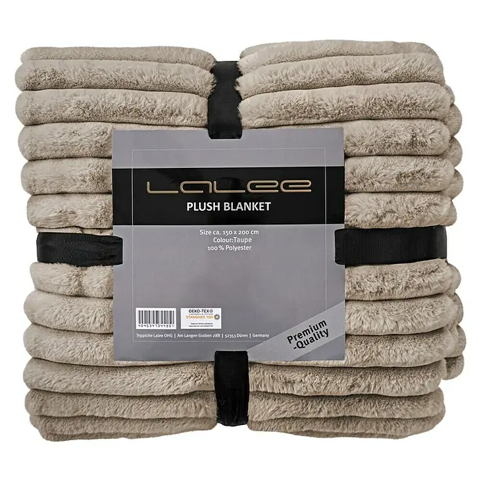 Decke Plush - Taupe, 200 x 150 cm, 100 % Polyester - Abgebildete Lalee Kuscheldecke in Taupe, Größe 150x200 cm, aus 100% Polyester, gebunden mit schwarzen Bändern, mit Qualitäts-Siegel.