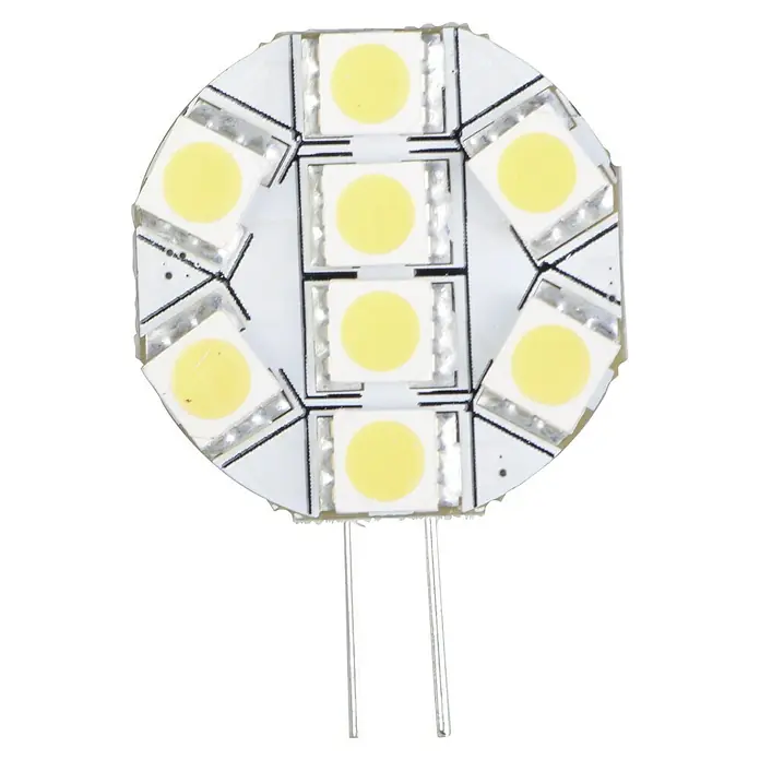 Talamex LED-Plättchen für Boote - 1,2 W, 10 V - 30 V, Lichtfarbe: Warmweiß, G (A bis G) - Nahaufnahme einer runden LED-Lampe mit Stiftanschluss. Die Lampe hat eine weiße Oberfläche und gelbe LEDs.