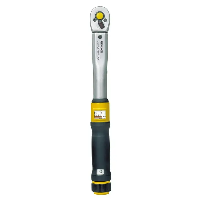 Proxxon Llave dinamométrica MicroClick - ¼'' cuadrado, 6 Nm - 30 Nm - Llave dinamométrica Proxxon MicroClick MC 30 en plata, amarillo y negro, ideal para trabajos precisos con pares entre 1,5 y 30 Nm.