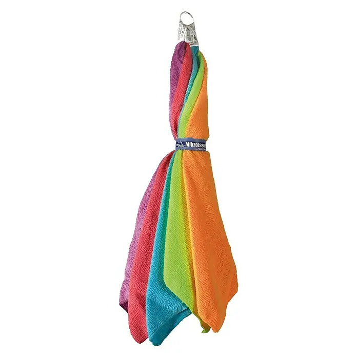 Paño de microfibra - Material: Materiales naturales, 7 ud., Azul, Verde, Lila, Naranja, Rosa - Juego de paños de microfibra coloridos con lazo para colgar. Ideal para cocina, baño y coche. Versátil para una limpieza a fondo.
