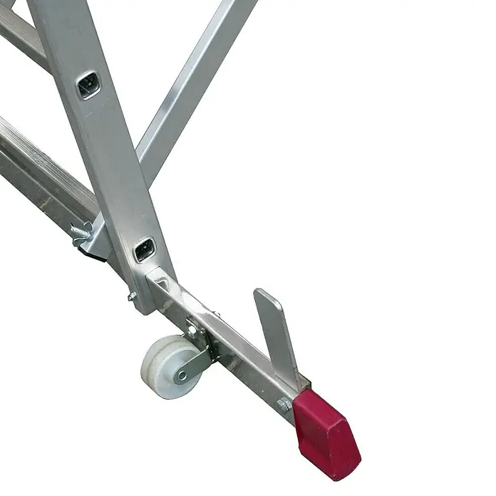 Krause Corda Montagegerüst - Arbeitshöhe: 4 m - Detailaufnahme einer Aluminiumleiter mit roten Schutzkappen und Rollen für einfachen Transport.