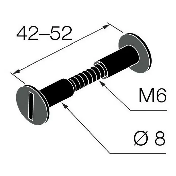 Walteco Verbindungsschraube - Ø x L: 6 x 52 mm - Technische Zeichnung einer Schraube mit den Maßen 42-52 mm Länge, M6 Gewinde und Ø 8 mm Durchmesser.