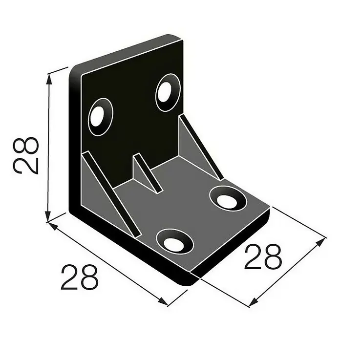 Walteco Winkelverbinder - L x B x H: 28 x 28 x 28 mm, Kunststoff - Winkelverbinder aus Metall mit Abmessungen und Befestigungslöchern zur Verbindung von zwei Teilen im 90-Grad-Winkel.
