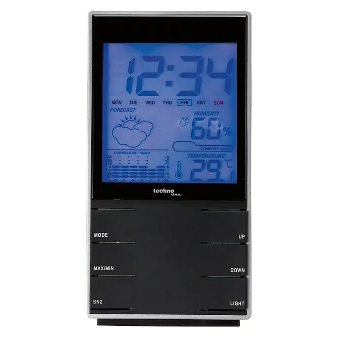 Wetterstation WS 9120 - Digital, Breite: 75 mm - Das digitale Technoline-Display zeigt Uhrzeit, Datum, Wettervorhersage, Luftfeuchtigkeit und Temperatur an.