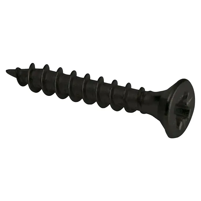 Walteco Universalschraube - Ø x L: 2,5 x 16 mm, Vollgewinde, 40 Stk. - Detailaufnahme einer schwarzen Holzschraube mit scharfem Gewinde und Kreuzschlitzkopf auf schwarzem Hintergrund.