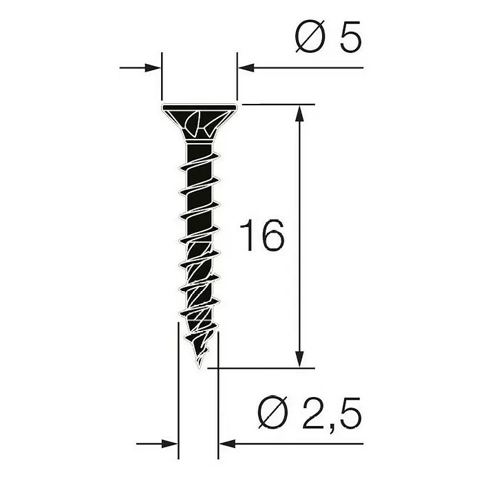 Walteco Universalschraube - Ø x L: 2,5 x 16 mm, Vollgewinde, 40 Stk. - Technische Zeichnung einer Senkkopfschraube mit den Maßen Ø 5,0 mm Kopf, Ø 2,5 mm Gewinde und 16 mm Länge.
