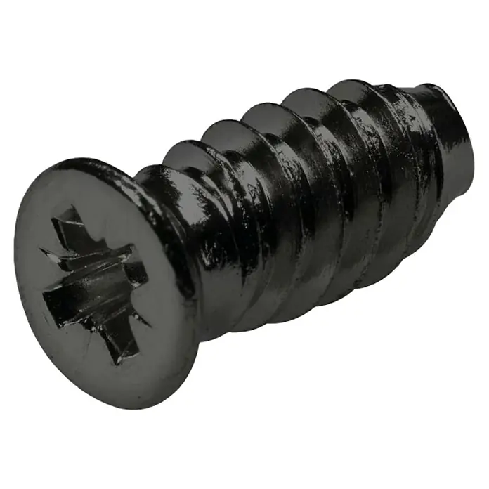 Walteco Flachkopfschraube - Durchmesser Gewinde: 6,3 mm, Länge: 13 mm - Nahaufnahme einer schwarzen Senkkopfschraube mit Kreuzschlitz, ideal für Holz- und Metallarbeiten, glänzend.