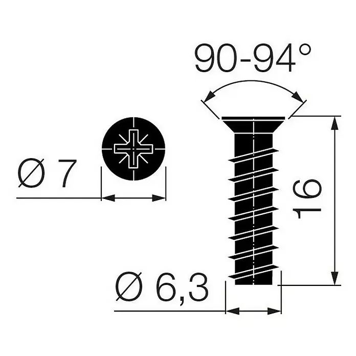 Walteco Holzschraube - Durchmesser Gewinde: 6,3 mm, Länge: 16 mm - Schraube mit einem Durchmesser von 7 mm und einer Länge von 16 mm, Kopfwinkel 90-94 Grad.