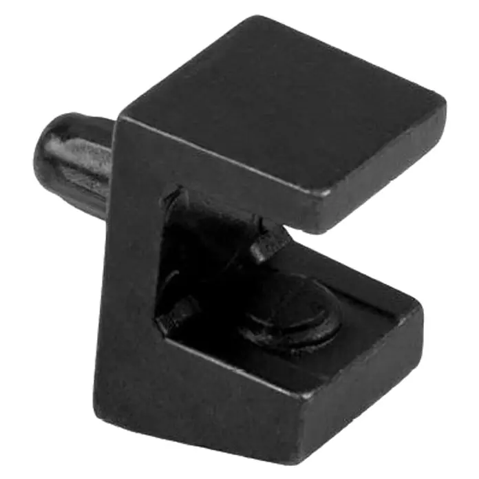 Walteco Bodenträger - B x H: 20 x 13,2 mm - Nahaufnahme einer schwarzen Glasbodenhalterung mit Stift zur sicheren Befestigung von Glasböden in Möbeln.