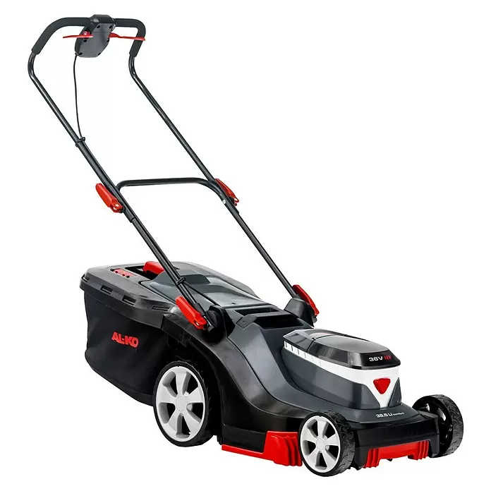 AL-KO Comfort Akku-Rasenmäher 38.5 Li - 36 V, 1 Akku, 4 Ah, Schnittbreite: 38 cm - Schwarz-grauer AL-KO Akku-Rasenmäher mit roten Akzenten, weißen Rädern und Fangkorb.