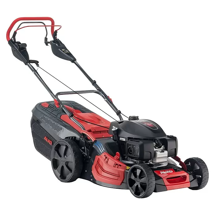 AL-KO Premium Benzin-Rasenmäher 521 VS-H - 3,2 kW, 167 cm³, Schnittbreite: 51 cm, 1.800 m² - Roter und schwarzer Benzin-Rasenmäher mit leistungsstarkem Motor und großen Rädern für effizientes Rasenmähen.