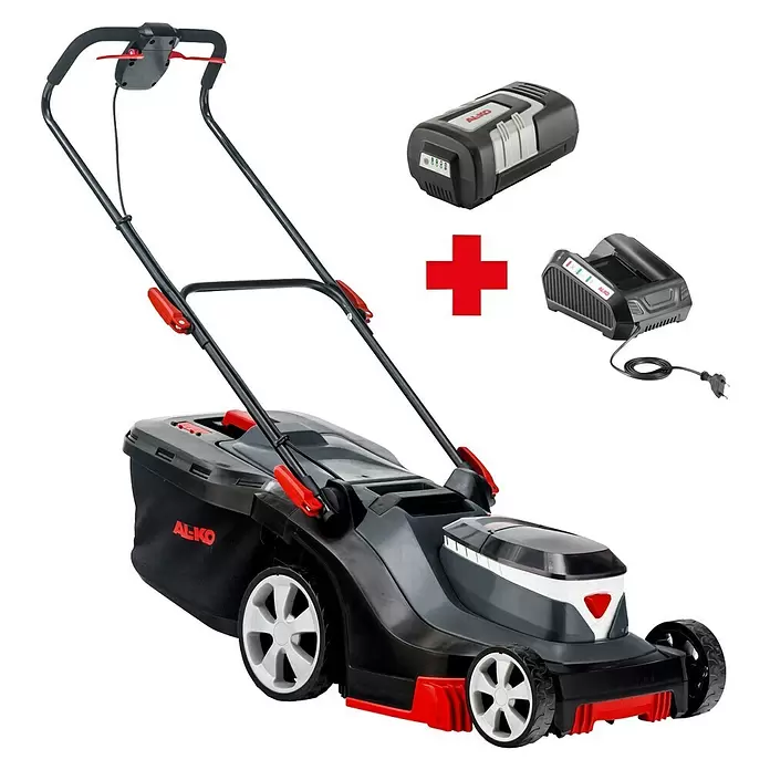 AL-KO Comfort Akku-Rasenmäher 38.5 Li - 36 V, 1 Akku, 4 Ah, Schnittbreite: 38 cm - Schwarzer und roter Akku-Rasenmäher mit Akku und Ladegerät.