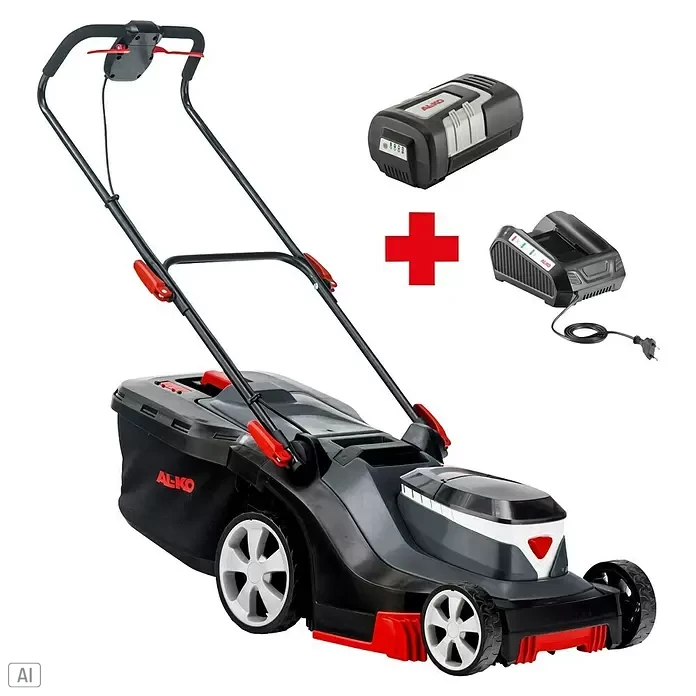 AL-KO Comfort Akku-Rasenmäher 38.5 Li - 36 V, 1 Akku, 4 Ah, Schnittbreite: 38 cm - Schwarzer und roter Akku-Rasenmäher mit Akku und Ladegerät.